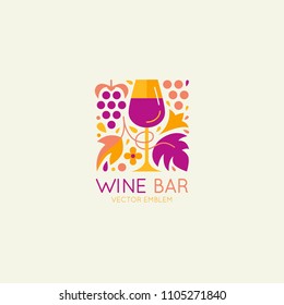 Vector Logo Design Element And Icon For Wine Packaging And Labels - Wine Glass, Grapes And Leaves