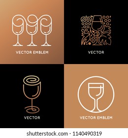 Vector logo design element and icon for wine packaging and labels - wine glass, grapes and leaves