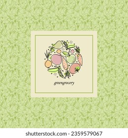 Vector logo design element made with linear icons - greengrocery products concept and menu cover in trendy linear style with outline icons.