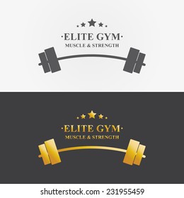 Vector Logo Design Element On White Background. Elite, Gym, Barbell, Golden