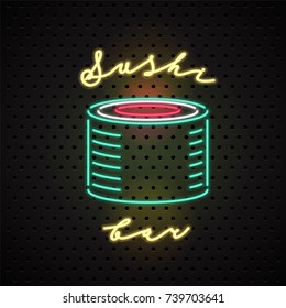 Vector logo, design element for sushi bar with neon sign. Template emblem with typography elements made by bright neon lights for Japanese cuisine