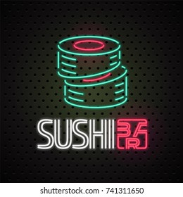 Vector logo, design element for sushi, sushi delivery service with neon lights sign. Design element can be used as sticker