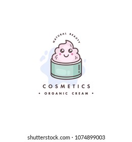 Vector logo design emblem or badge for beauty care. Asian cosmetics -cream. Kawaii faces