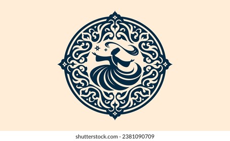 Vector logo design emphasizing a Whirling Dervish's graceful twirl, framed by classic Anatolian floral patterns.