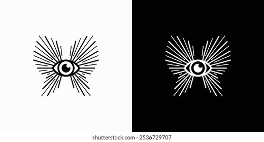 Vector logo design of eye with light beam butterfly wing shape with modern, simple, clean and abstract style. Icon for business, jewelry, fashion and personal branding.