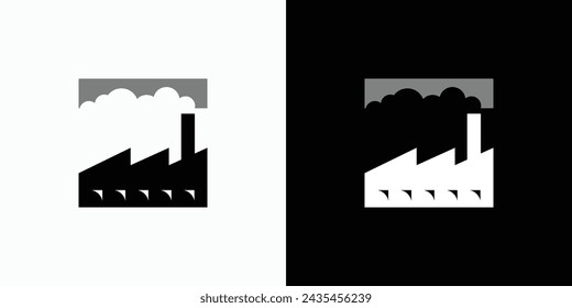 Vector logo design of factory building silhouette and cloud negative space, with modern, simple, clean and abstract style.