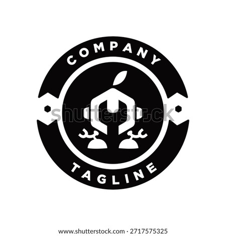 Vector logo design featuring a stylized robot head with wrench and mechanical arms. Perfect for branding in AI, technology repair, robotics, or smart service industries. Clean circular layout with bold typography suitable for stickers, signage, or digital assets.