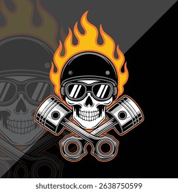 Vector logo design of a flaming skull head wearing a biker helmet and goggles