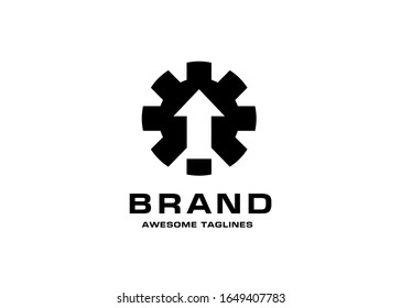 vector logo design of gear with arrow up inside the gear. power up gear logo
