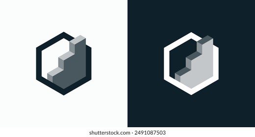 Vector logo design of geometric hexagon shape growth graph with three-dimensional effect modern, simple, clean and abstract style.