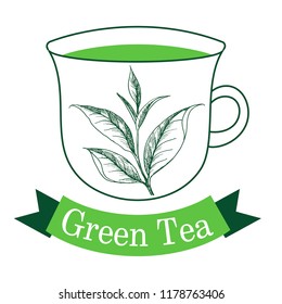 Vector logo design. Green tea in cup, herbal drink.