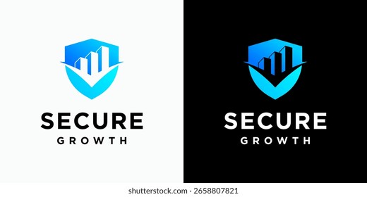 Vector logo design of growth graph of shield and building shape with modern, simple, clean and abstract style. Icons for business, finance, security, and personal branding.