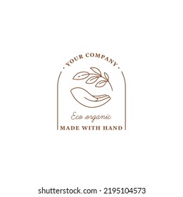 Vector logo design with hand and leaves. Plant in human hand as a symbol of nature protection and eco-friendly consumption. The emblem is suitable for cosmetics, beauty products, badges on feminine