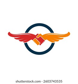 Vector logo design of handshake deal in wings form with ring background