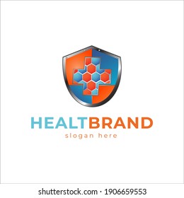 Vector logo design of health protection or medical with shield and combination orange color and blue. This logo nice to use for medical brand (hospital,pharmacy,clinic),etc.