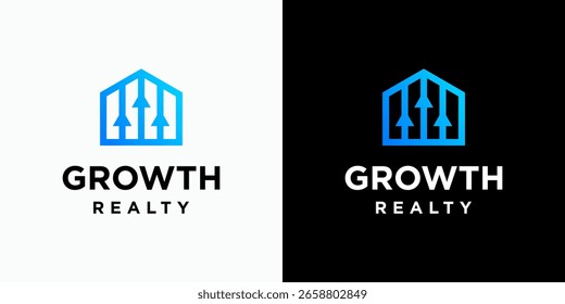 Design de logotipo de vetor de casa e seta forma gráfico de crescimento com estilo moderno, simples, limpo e abstrato. Ícones para negócios, finanças, imóveis e marcas pessoais.