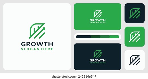 Vector logo design illustration of abstract line leaf shape with growth arrow.