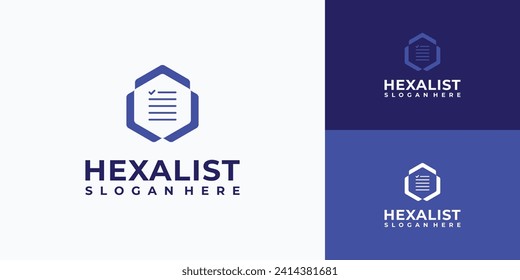 Ilustración de diseño del logotipo vectorial de una lista de comprobación en forma de hexágono con flechas en cada lado.
