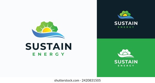 Ilustración del diseño del logotipo vectorial de una combinación de engranajes, olas de sol y océano.