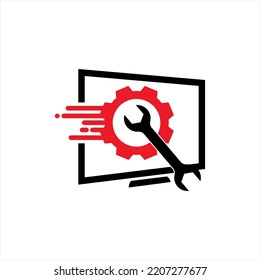 Vector logo design illustration of computer screen, screwdriver wrench and gear. The logo can be used for a computer service business.