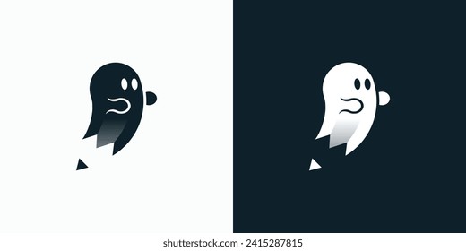 Vector logo design illustration of a cute ghost with a pencil shape below.