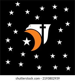 Ilustración del diseño del logo vectorial de la cabeza de un águila con una cruz y una luna creciente en un cielo estrellado oscuro.