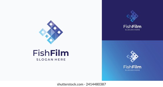 Vector logo design illustration of film tape with abstract fish shape.