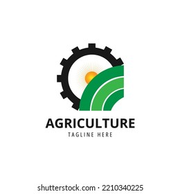 vector logo design illustration of Gear agriculture business, tractor farm, soil farm, crop field, pasture, milk, barn,