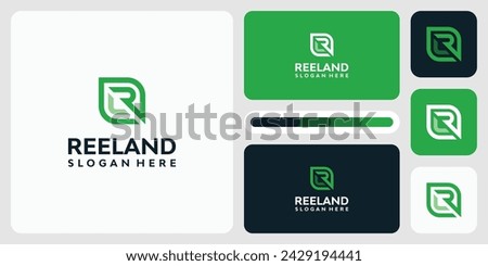 Vector logo design illustration of a green leaf shape with the initials L R inside.