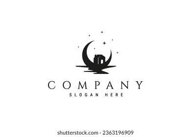 vector logo design illustration of house silhouette on crescent moon background with touch of lake water