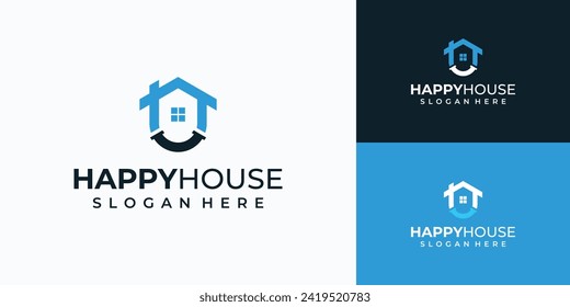 Ilustración de diseño del logotipo vectorial de una forma de casa con un subrayado formando una sonrisa.