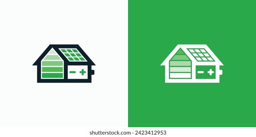 Ilustración del diseño del logotipo del vector de una casa con un techo de panel solar e indicación de la batería en el lateral de la pared.