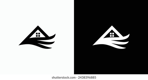 Vector logo design illustration of a house and wings shape in a modern, simple, clean and abstract style.