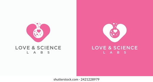 Vektorlogo-Design-Illustration eines Liebeszeichens und einer Laborflasche im Inneren mit einem Spritzer von Liebesblasen.