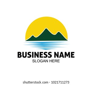 vector logo design illustration of mountain lake adventure explore trip, tourism, outdoor gear, climbing,