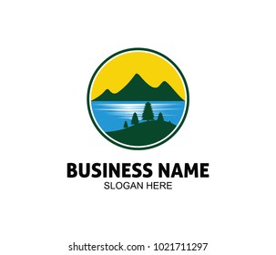 vector logo design illustration of mountain lake adventure explore trip, tourism, outdoor gear, climbing,