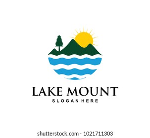 vector logo design illustration of mountain lake adventure explore trip, tourism, outdoor gear, climbing,