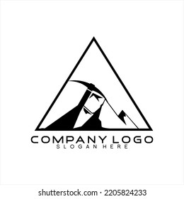 Vector Logo Design Illustration Of A Mountain With A Pick Axe.