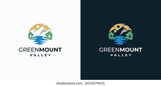 Vector logo design illustration of mountain and river views with trees around.