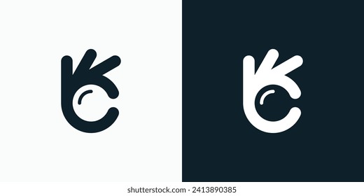 Vector logo design illustration of OK hand gesture with hidden magnifying glass shape