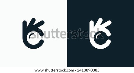 Vector logo design illustration of OK hand gesture with hidden magnifying glass shape