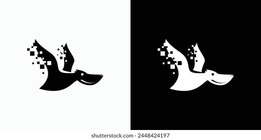 Vector logo design illustration of a pelican bird silhouette with pixel effect modern, simple, clean and abstract style.