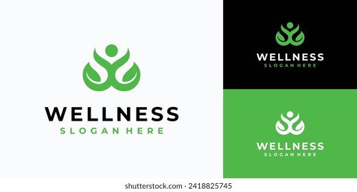 Vector logo design illustration of a person jumping to form the letter W with green leaves.