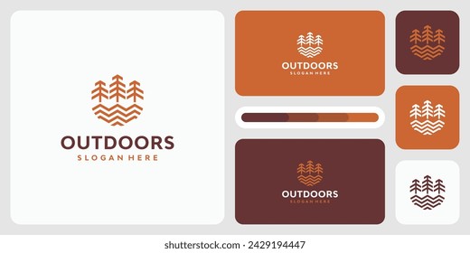 Vector logo design illustration of pine tree shape and lake water waves in outdoor outline style.