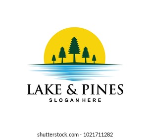 vector logo design illustration of pines woods jungle in the lake side, beautiful scenery of blue and green