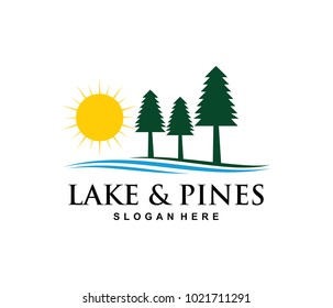 vector logo design illustration of pines woods jungle in the lake side, beautiful scenery of blue and green