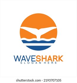 Vector Logo Design Illustration Of Shark Tail And Ocean Waves On Sunset Background.