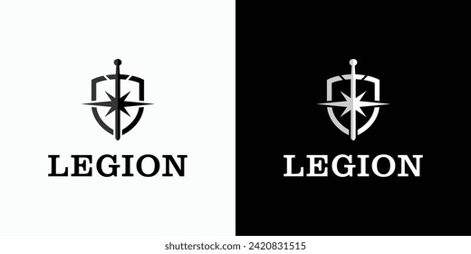 Vektor Logo Design Illustration eines Schildes und ein funkelndes Schwert in der Mitte.