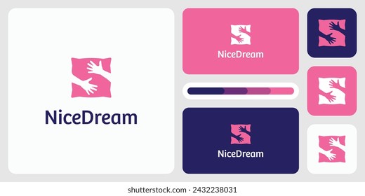 Vector logo design illustration of silhouette of hands hugging pillow shape combination.