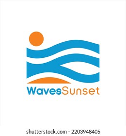 Ilustración del diseño del logotipo vectorial de la puesta de sol y las olas.